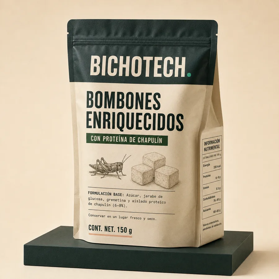Bombones y malvaviscos enriquecidos con proteína de chapulín BICHOTECH