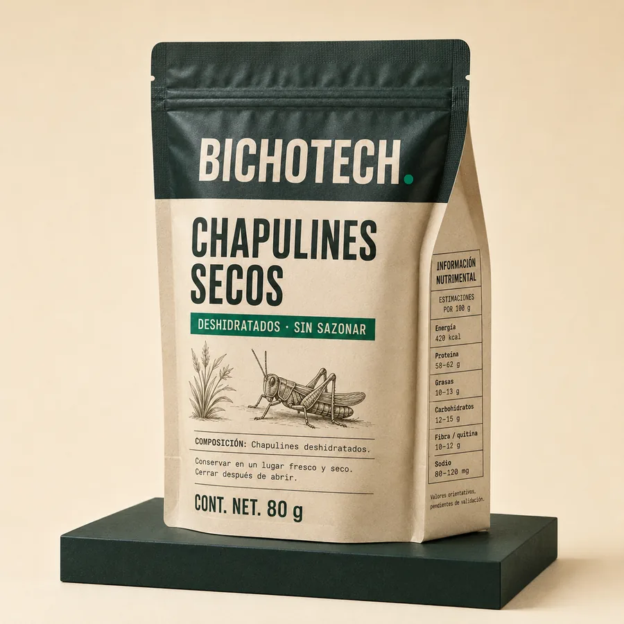 Empaque de chapulines secos deshidratados BICHOTECH