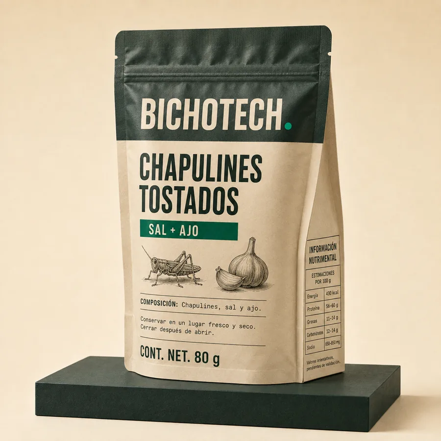 Empaque de chapulines tostados con sal y ajo BICHOTECH