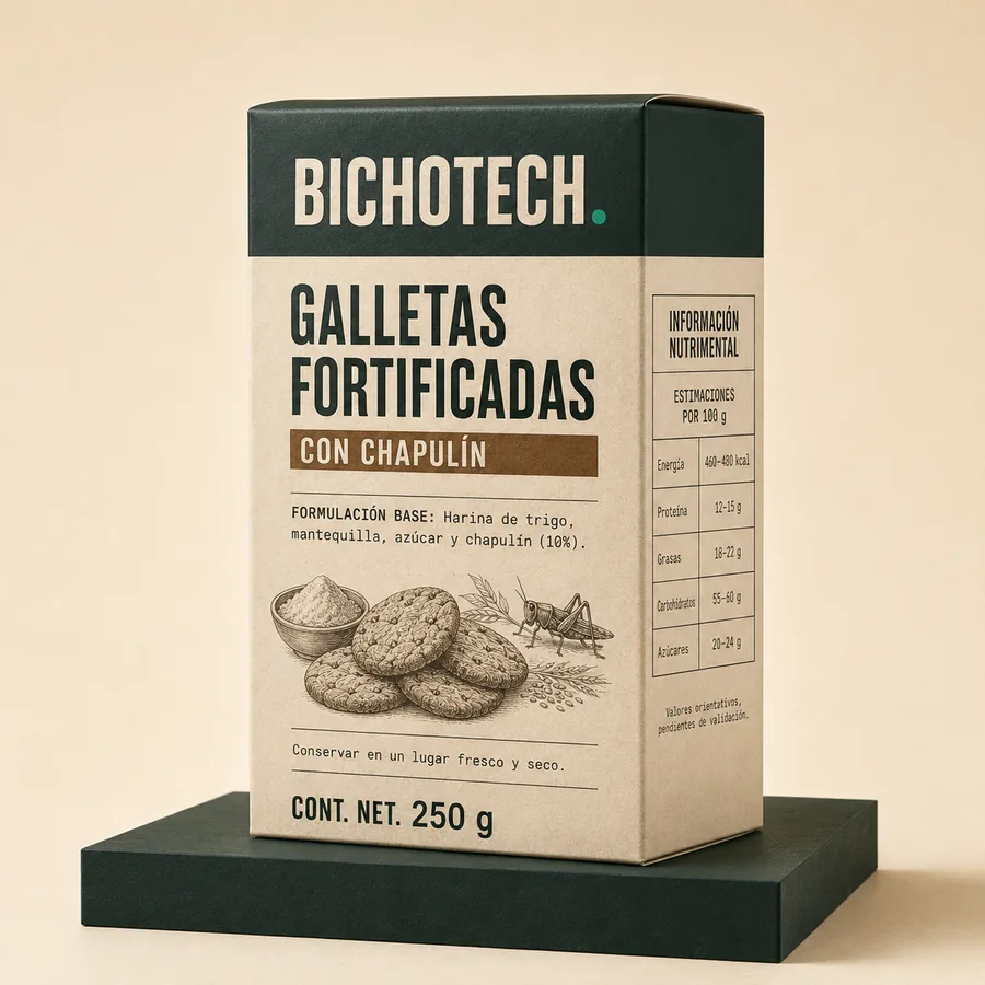 Caja de galletas fortificadas con chapulín BICHOTECH