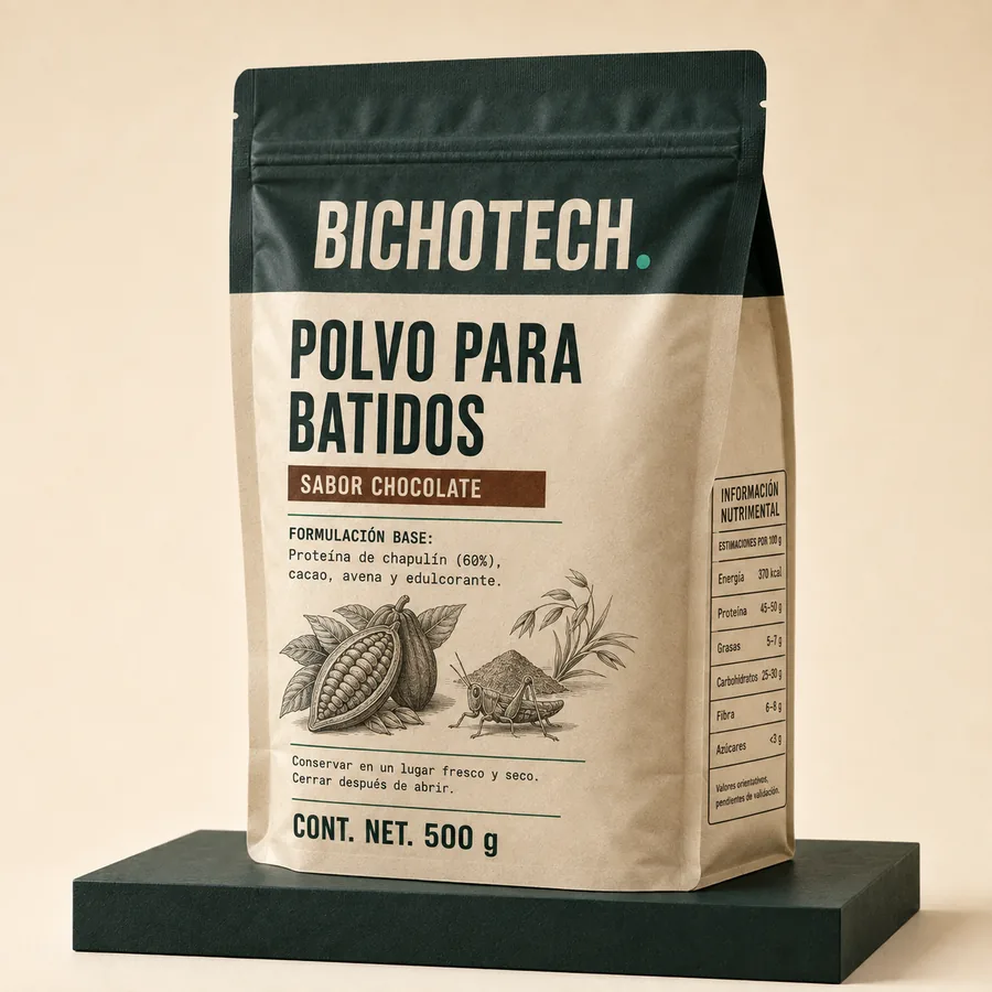 Empaque de polvo para batidos de proteína de chapulín BICHOTECH