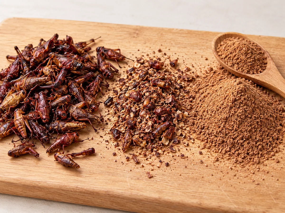Chapulines tostados enteros, molidos y convertidos en polvo sobre una tabla de madera