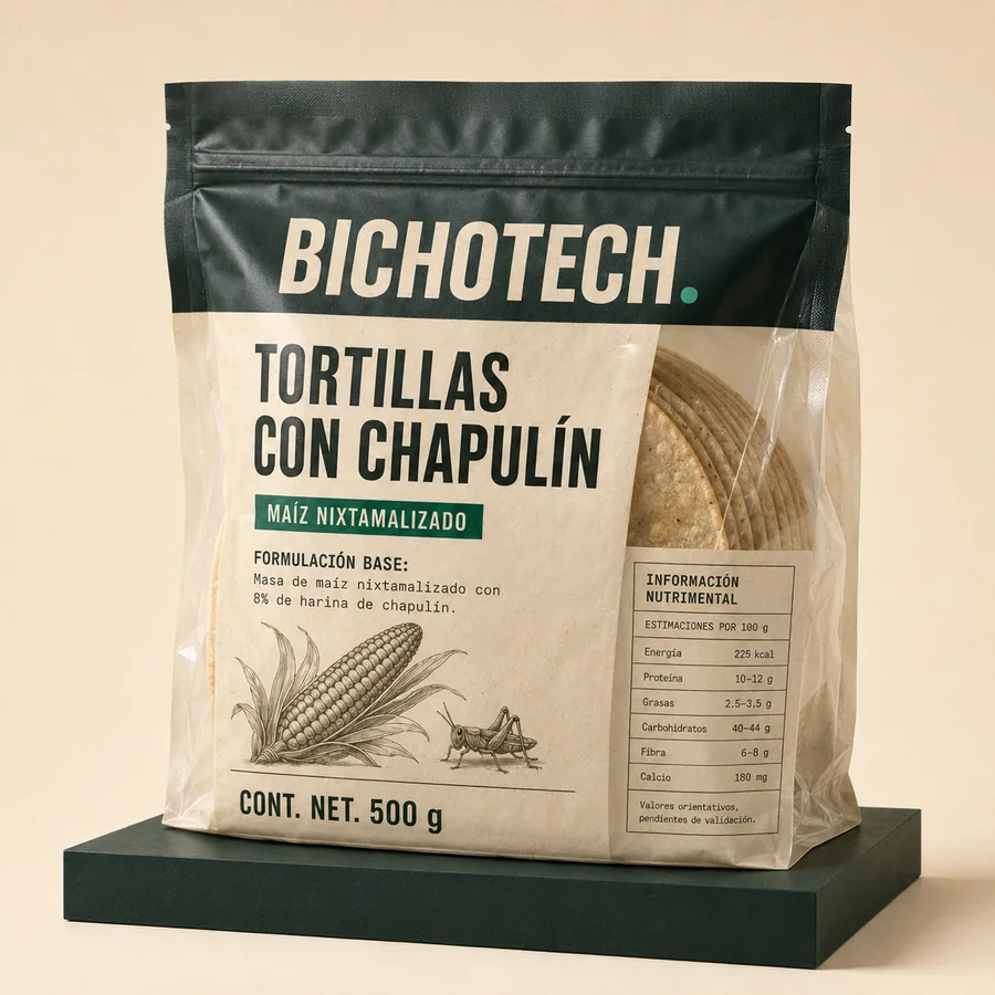 Empaque de tortillas de maíz con chapulín BICHOTECH